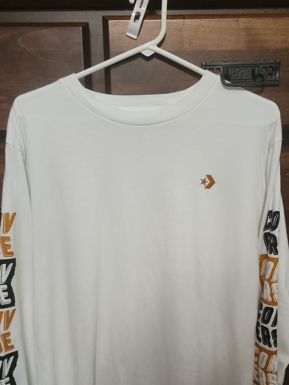 Converse White Long Sleeve Tee with Gold and Black Sleeve Graphics - Picture 2 of 8